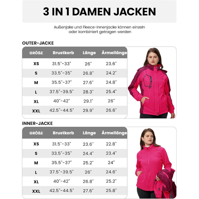 Жіноча 3-в-1 зимова куртка: водонепроникна, вітрозахисна, з флісовою підкладкою та знімним капюшоном, рожевого кольору