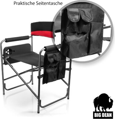 Крісло для кемпінгу BigDean 150 кг з столиком – складне крісло з підсклянником та кишенею. Якісне рибальське крісло сірого/чорного кольору. Складне крісло режисера (чорний/червоний)