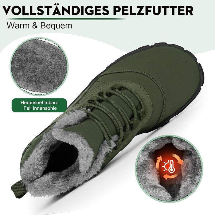 Чоботи для піших прогулянок Ruyi Barfußschuhe Winter Warm: тепла зимова модель для жінок та чоловіків, водонепроникні, з антиковзкою підошвою та широкою передньою частиною (армійний зелений, 44 EU)