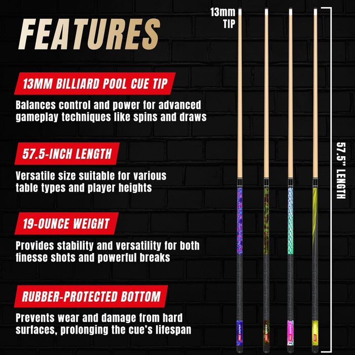 Набір біліардних київ преміум-класу (4 шт.) | 147 см, 539 г канадський клен | Низький відгін, 4 крейди | Для дому та барів
