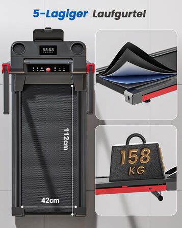 Бігова доріжка для дому 16 км/год, Walking Pad з нахилом 6%, бігове полотно 158 кг, велика площа бігу 112 * 42 см, тихе бігове полотно для дому та офісу, чорно-червоне