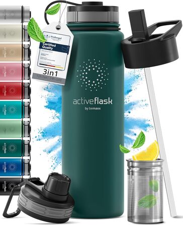 Термобутилка з нержавіючої сталі ACTIVE FLASK 680 мл, ізоляційна, із соломинкою та 3 кришками, BPA-free, для води, спорту, чаю, дітей, велосипедна, для газованих напоїв, не протікає, темно-бірюзова