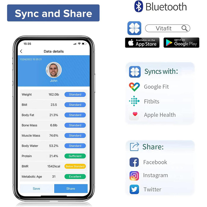 Ваги для аналізу складу тіла Vitafit з Bluetooth, до 180 кг, вимірювання жиру, м'язової маси, ІМТ, білка, BMR, чорні, з додатком