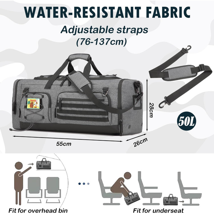 Спортивна сумка 50L для чоловіків 3-в-1 з відділенням для мокрого одягу та взуття, рюкзак, дорожня сумка, валіза ручної поклажі, сумка для тренувань, залу, плавання, подорожей (сіра)