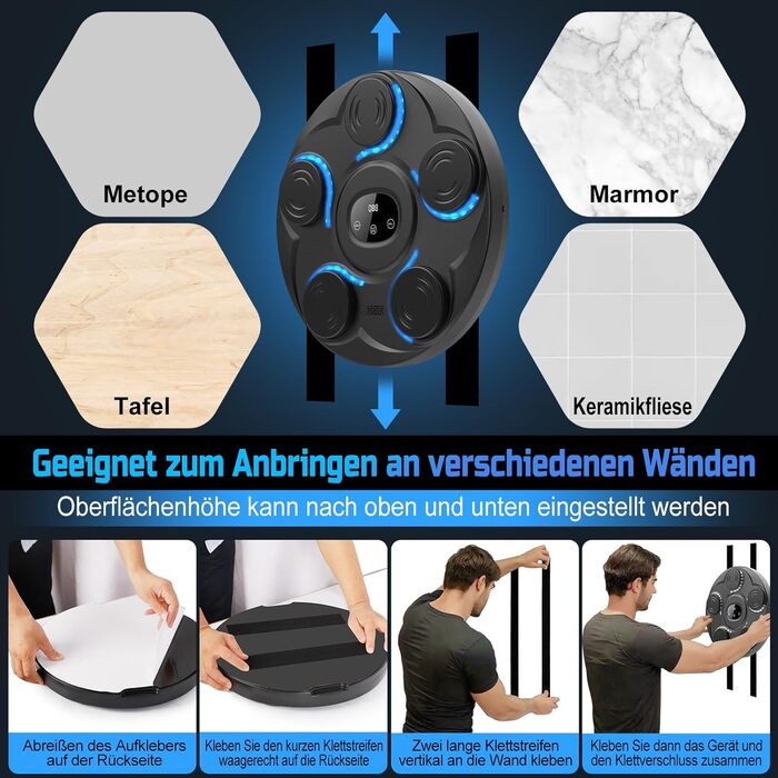 Музична боксерська машина Beatpunch LED з рукавичками. Smart боксерська машина для дому з музикою, для дорослих та дітей. Ідеально для індивідуальних тренувань (black-1)