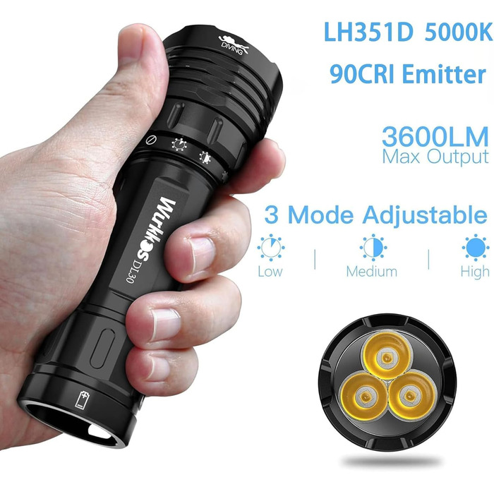 Ліхтар під водою Wurkkos DL30 3600 Lumen, IPX8, 3x LH351D LED, 5000K, з зарядним пристроєм