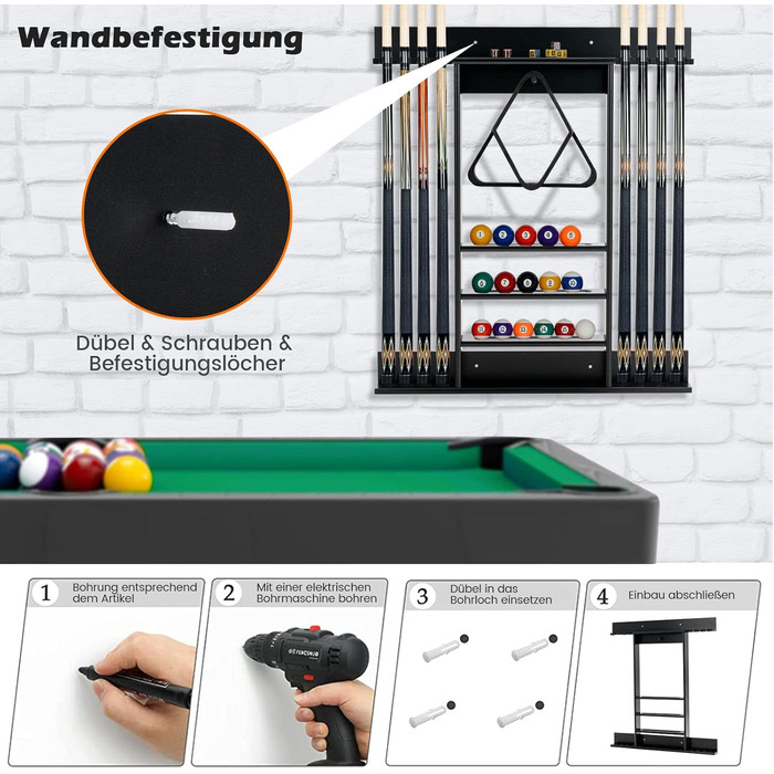 Підставка для більярних київ COSTWAY на стіну, для 8 київ, 15 куль та підставки для куль, з натурального дерева (чорна)