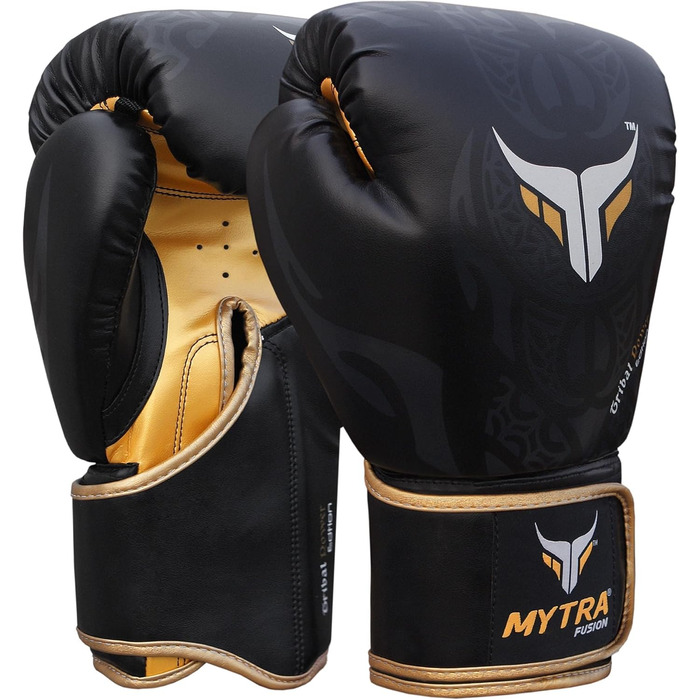 Боксерські рукавички Mytra Fusion 10-18oz для тренувань та спарингів MMA, Муей Тай, кікбоксинг, чорні/золоті, для чоловіків і жінок