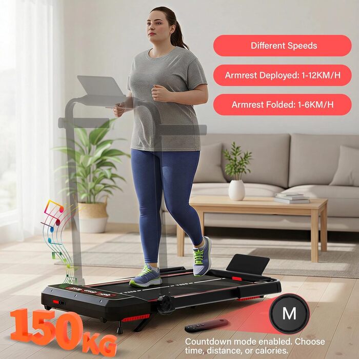 Тренажер для дому Laufband з нахилом 10%, швидкості 1-12 км/год, складний Walking Pad, 3.5HP, з Bluetooth-динаміком, 12 програм, APP та LED-дисплеєм (Чорний)