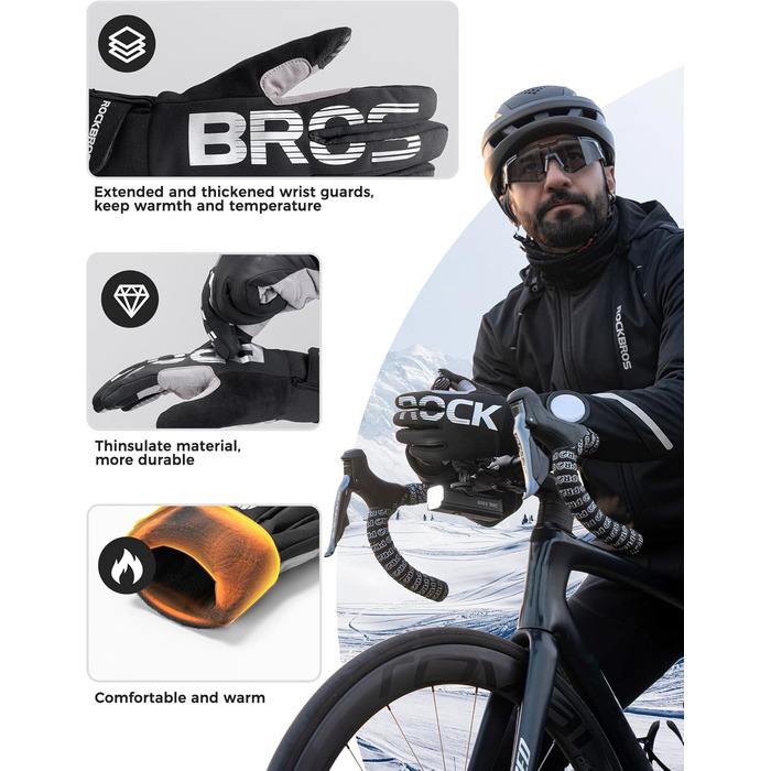 Велосипедні рукавички ROCKBROS для жінок та чоловіків, зимові, Thinsulate, теплі, сенсорні, для MTB, катання, альпінізму, бігу та активного відпочинку (XXL, Thinsulate)