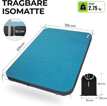 Килимок для кемпінгу Fundango самонадувний, 10 см, R-значення 9.5, Memory Foam, 3D-підсилення, для намету, авто, подорожей (подвійний)