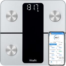Ваги для вимірювання жиру та м'язової маси Vitafit з Bluetooth, аналіз складу тіла, додатком, індексом маси тіла, білками, BMR, сріблясті