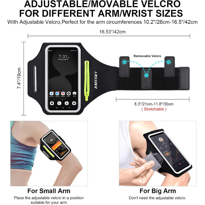 Спортивний браслет на руку для бігу з кишенькою для телефону та ключей, чорний. Сумісний з iPhone 17/16/15/14/13/12/11 Pro Max/Plus та іншими смартфонами до 6.9 дюймів