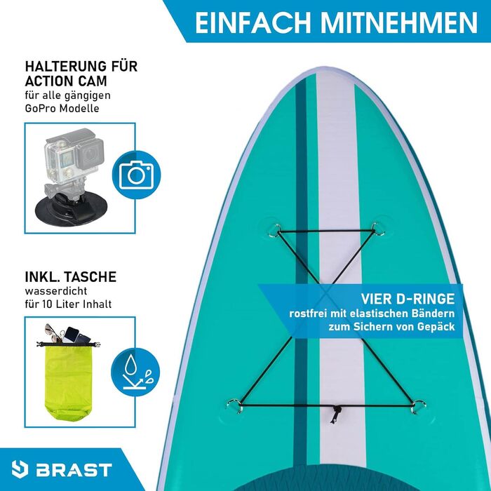 Надувна SUP-дошка BRAST Shark 300-320 см з аксесуарами: весло 2-в-1, сидіння для каяка, тримач для камери, ремінь на ногу, насос, рюкзак, гарантія 5 років