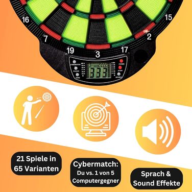 Електронна дартс-мішень Best Sporting Nation/Windsor/Bristol, 21 гра, 65 варіантів, бездротова, 6 дротиків, 8 запасних наконечників, для 8 гравців