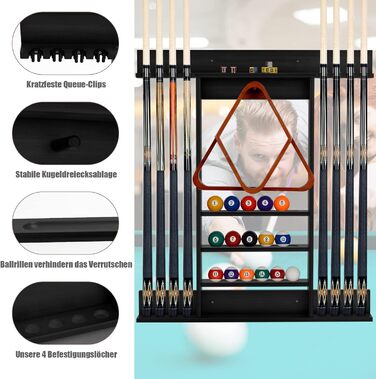 Стійка для київ GYMAX для 8 київ та аксесуарів для більярду, настінна, з дерева, для більярдних кімнат та клубів, 79 x 8 x 91 см (чорний)