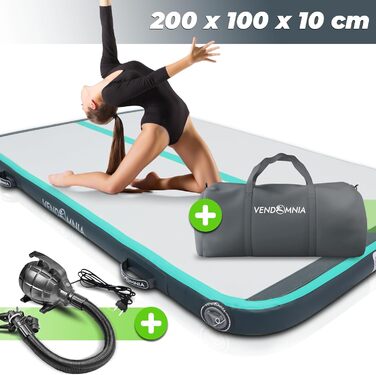 Гімнастичний надувний мат VENDOMNIA Airtrack 200×100×10 см м'ятний, з електричною помпою та сумкою, для йоги, фітнесу, спорту, тренувань