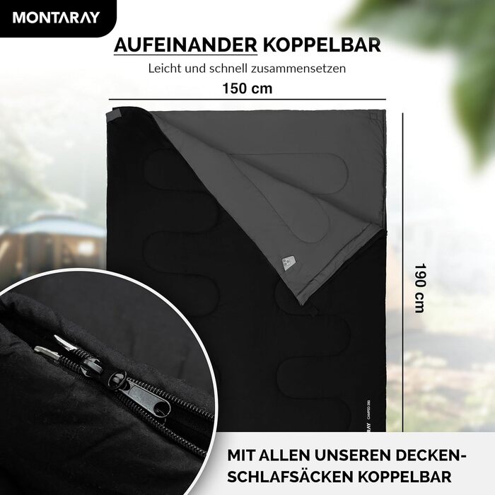 Спальний мішок туристичний, 100% бавовна, до -3°C з подушкою. Підходить для жінок та чоловіків. Розмір 75x190 см, 3-4 сезони, теплий, чорний.