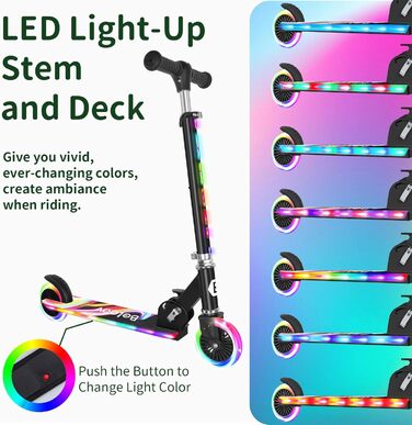 Белеїв V2 Роликовий Самокат для Дітей 6 років, з LED-підсвічуванням, Регульована Ручка та Дека, Заднє Гальмо, Складаний Самокат для Дівчаток та Хлопчиків 3-12 років (Чорний з Райдужними акцентами)