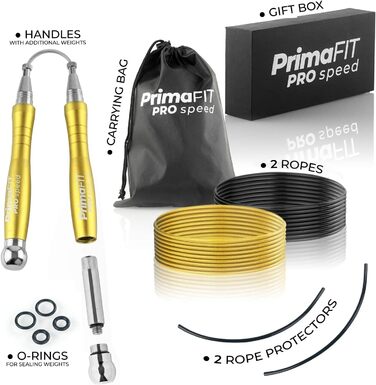 Скакалка PrimaFIT для дорослих: професійна, з регулюванням, з вагою, 3м, 2 підшипники, антиковзні ручки, для боксу, MMA, кросфіту, сталеве тросик, сумка (золота)