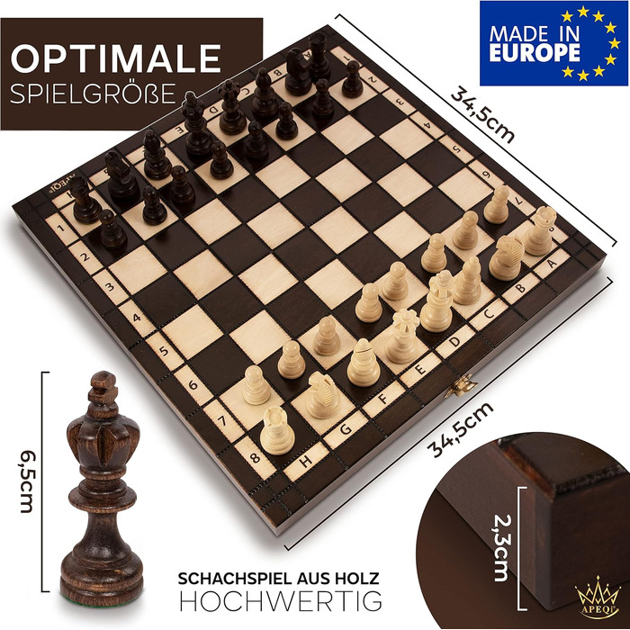 APEQi® ROYAL Шахи з масиву дерева 34,5x34,5 см, складана шахова дошка з фігурами, преміум якість, для підлітків і дорослих, подарунок, коричнево-бежевий
