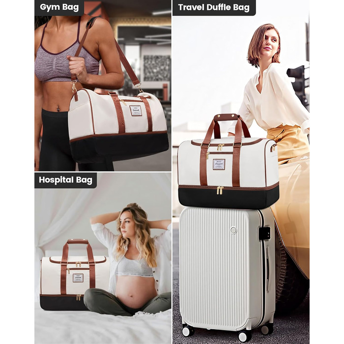 Сумка-валіза LOVEVOOK 37L, 3-в-1: валіза, сумка для пологів, спортивна сумка. Водостійка, з відділенням для взуття та мокрих речей. Підходить для подорожей, спорту, відпустки. (M, Бежево-чорно-коричневий)