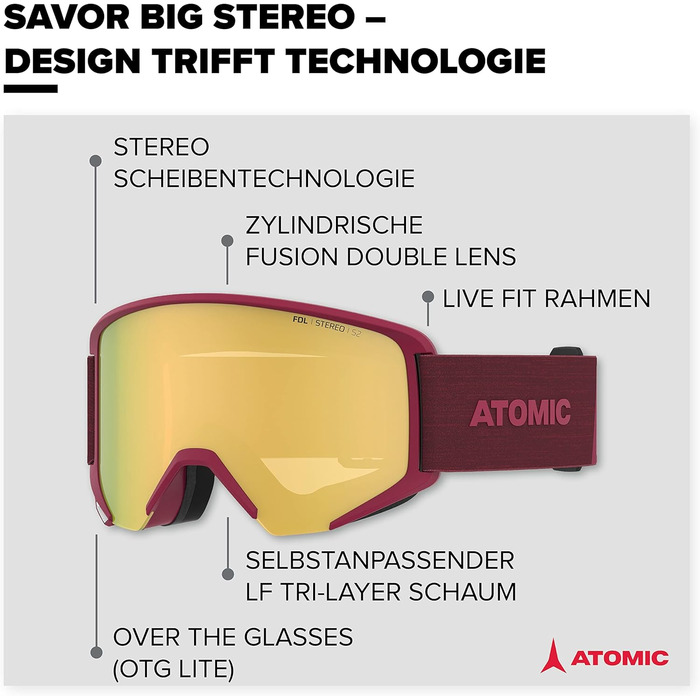 Гірськолижна маска ATOMIC SAVOR BIG STEREO, дзеркальна, антиблікова, OTG, для окулярів, темно-червона