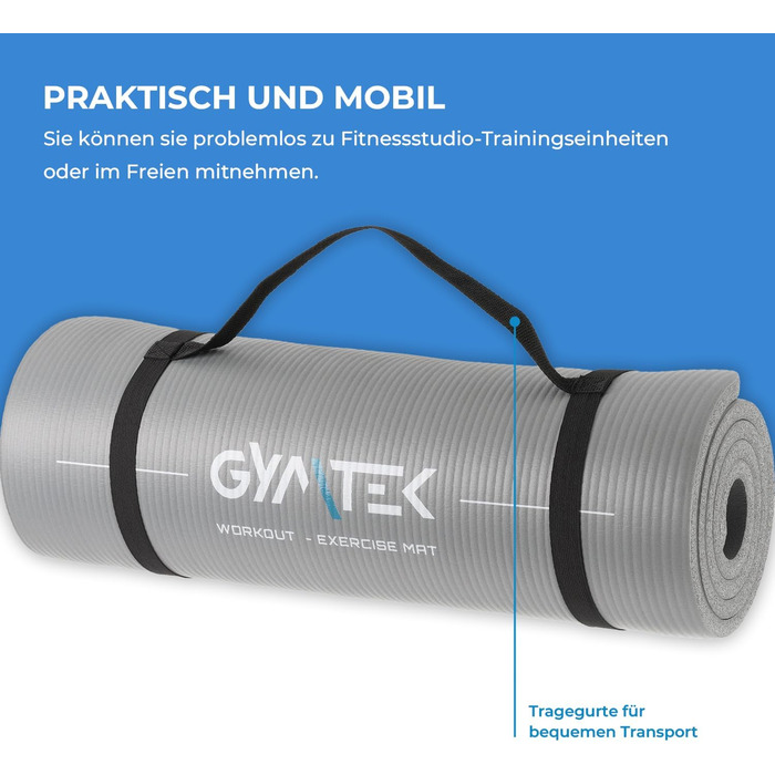 Килимок для фітнесу Gymtek 180x61 см, NBR 1,5 см, сірий, для йоги, пілатесу, аеробіки, з ременем для перенесення