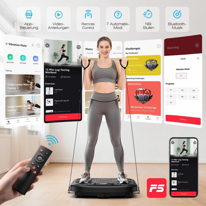 Віброплатформа з керуванням через додаток, пультом та LED-дисплеєм, до 220 кг, 199 рівнів вібрації для дому, Bluetooth, гуми для тренувань, 200W