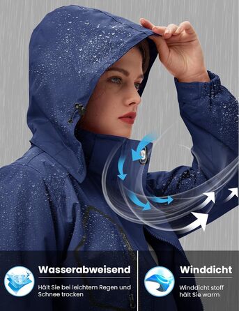 Жіноча зимова куртка 3-в-1 з флісовою підкладкою та водонепроникною вітрозахисною курткою, знімний капюшон (Синій, XXL)