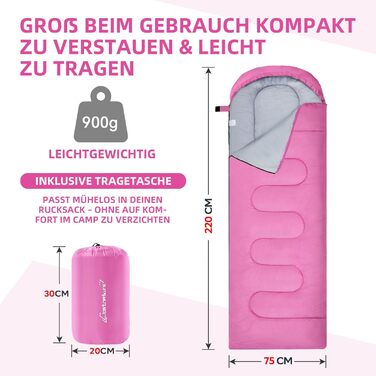 Спальний мішок Clostnature для кемпінгу та подорожей: легкий, компактний, 3 сезони (рожевий, 0.9 кг)