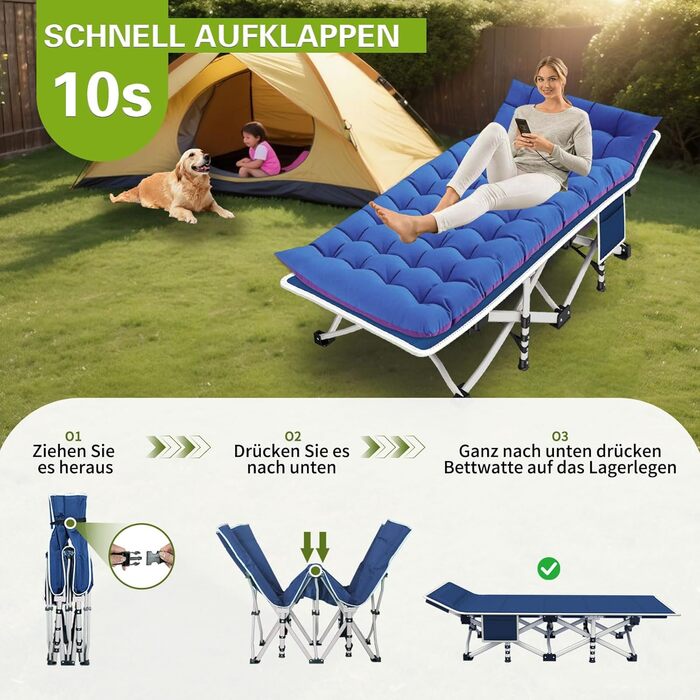 Кемпінгове ліжко з матрацом, розкладне, для відпочинку на природі та вдома, 200 кг, блакитне