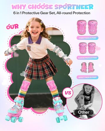Дитячі ролики Sportneer з захистом, 8 світлових коліс, регульовані, для дівчаток, XS (26-29 EU), для дому та вулиці