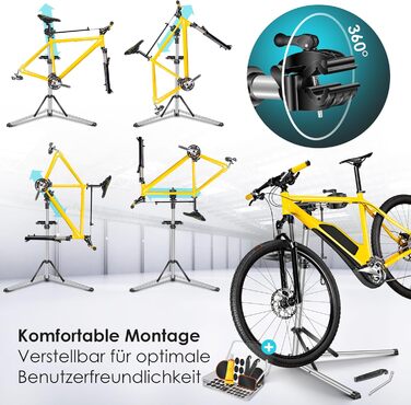 Підставка для збирання велосипедів KESSER® Profi Alu: міцна, 360° обертання, для гірських, електровелосипедів та ремонту. У комплекті сумка, ремкомплект та магнітна підставка для інструментів.