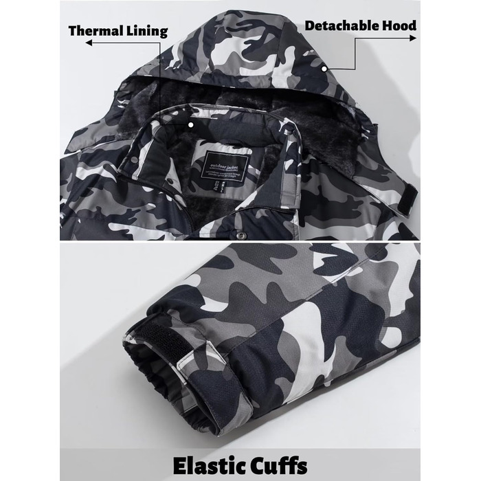 TACVASEN Куртка зимова чоловіча водонепроникна тепла, флісова підкладка, софтшелл, дихаюча, функціональна з відстібною капюшоном (3XL, Чорний камуфляж)