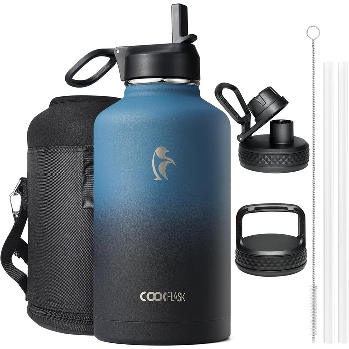 Термос пляшка для води 2 л Coolflask з нержавіючої сталі з трубочкою та 3 кришками, подвійна вакуумна ізоляція, для спорту та офісу, сірий, не протікає