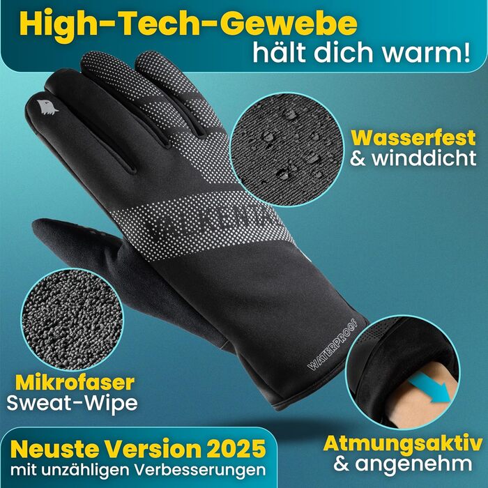 Водонепроникні велосипедні рукавички Valkental® GloRider з ізоляцією 3M | З підкладкою та зчепленням | Зігріваючі та перехідні рукавички [Чоловічі та жіночі] з функцією сенсорного екрану - Чорний L для перехідного періоду (до 6°C, 2-шарові)