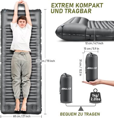 Isomatte Camping 12 см: Надувний килимок для кемпінгу з компактним розміром та насосом, ультралегкий, водонепроникний, анти-ріпстоп для походів та пляжу (сірий)