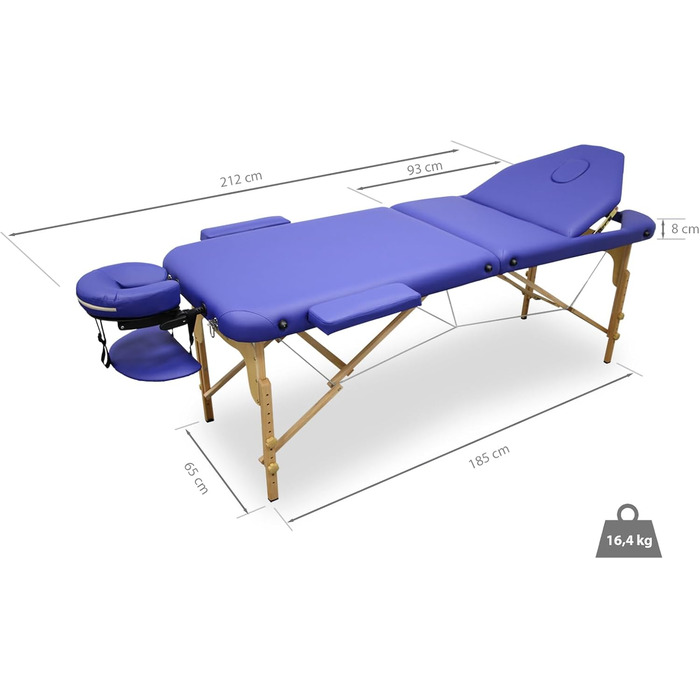 WELLCORE масажний стіл з дерева, складаний, з регульованою спинкою, 185x65 см, екошкіра, висота регулюється, знімний підголівник, отвір для обличчя, білий, навантаження до 225 кг