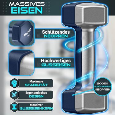 Набір гантелей RE:SPORT® 18 кг з підставкою та фітнес-гумками | 3 пари гантелей (1-5 кг) | Нековзкі гантелі з неопрену для жінок та чоловіків | Кольори: блакитний, сірий, темно-синій