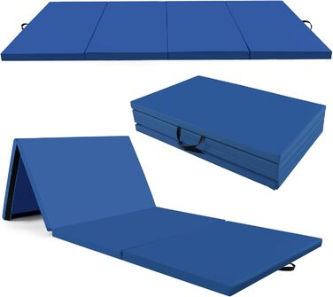 Складаний гімнастичний мат COSTWAY 300x120x5 см, PU-шкіра, клейкі застібки, ручки для перенесення, для фітнесу, йоги, синій