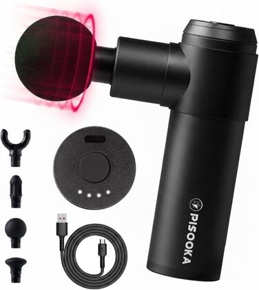 Масажер PISOOKA X2 Mini - безшумний масажний пістолет з 4 насадками для спини, плечей та ніг. 4200 RPM, 0,5 кг, USB-C, чорний