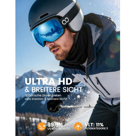 Ламікал - скі-маска для чоловіків та жінок, сноуборд маска з OTG - [Ultra HD та ширший огляд] - TOP антитуманна скі маска для носіїв окулярів, дзеркальна сноуборд маска, скі маска UV400 з захистом від відблисків (Покращена версія - чорний каркас - синій (VLT: 11%))