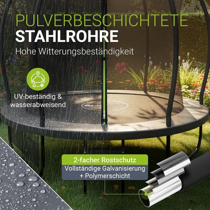 Батут Juskys SkyBounce – Ø 228/305/366 см, Outdoor, з сіткою безпеки, сходами та пружинами PowerSpring