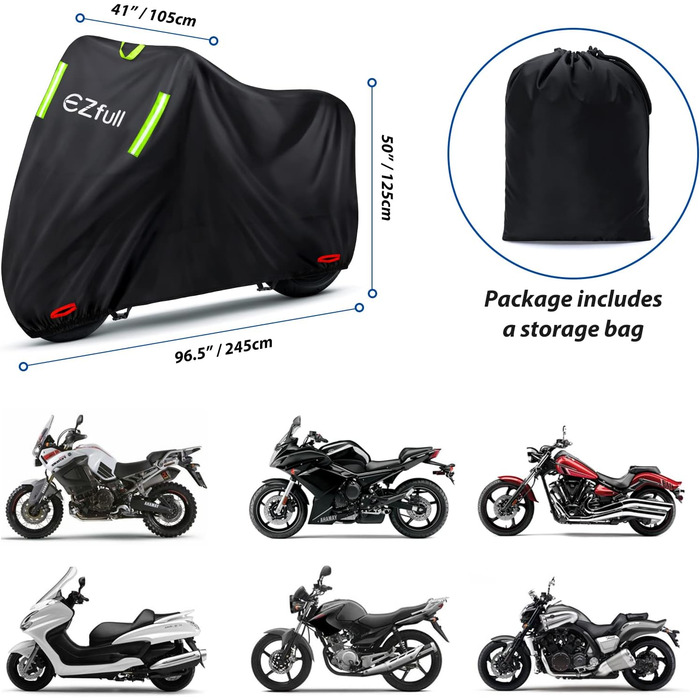 Водонепроникний чохол для мотоцикла 210D Oxford, зимовий, з отворами для замка, 245x105x125 см (Harley-Davidson, Honda, Suzuki, Kawasaki)