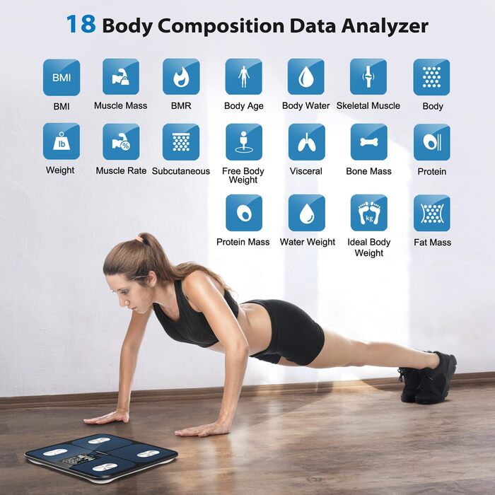 Інтелектуальна вага ABLEGRID для вимірювання ваги тіла, цифрова вага для визначення жиру з LED-дисплеєм, показником тренду, BMI, маси м'язів, типу тіла, точна вага з режимом без APP, 180 кг, чорна