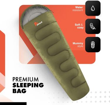 Спальний мішок Azark Premium, 350 г/м², легкий та водонепроникний, для 4 сезонів, кемпінг, туризм, відпочинок на природі, для дорослих та дітей (зелений)