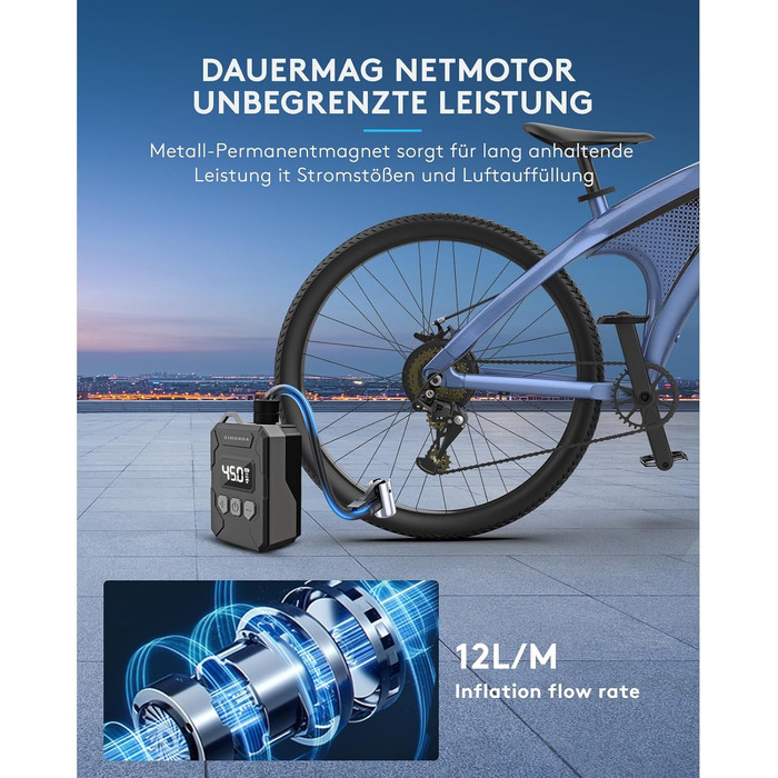 ZIMONDA Міні-електропомпа 150PSI з LED-дисплеєм, портативний бездротовий повітряний компресор для швидкого накачування шин мотоциклів, велосипедів та електровелосипедів