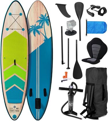 Надувний SUP-борд BRST Tropic | Комплект для станд-ап паддлбордингу | 320x81x15 см | 6 дизайнів | 5 років гарантії | з аксесуарами | 2в1: SUP та каяк, тримач для Action Cam, ланцюжок для ніг, насос, рюкзак (Турквіз)