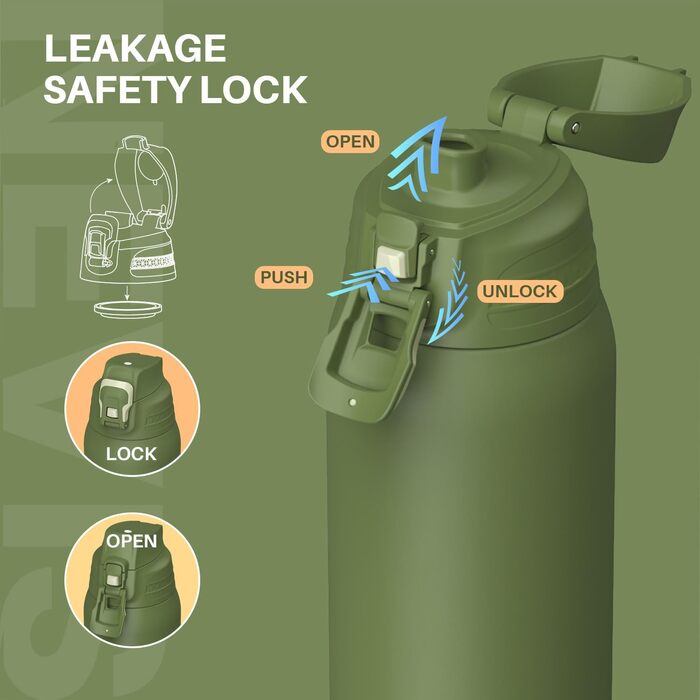 Термофляга SANTECO 1.5л з нековзним замком, нержавіюча сталь, BPA-Free, з чохлом для подорожей та кемпінгу, зелений мох
